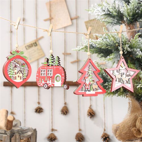 LED Light Christmas Tree Star Car Wooden Pendants Ornaments