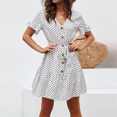 Sexy Dot Print VNeck Button Tie Chiffon Dress Spring 2025 Eu