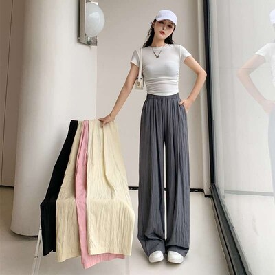 Apricot ice silk wide-leg pants for women. Summer high-waist