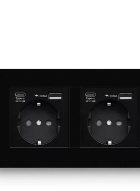 146型德式双联USB+C型接口插座面板 欧标+电脑黑色六类网络插座