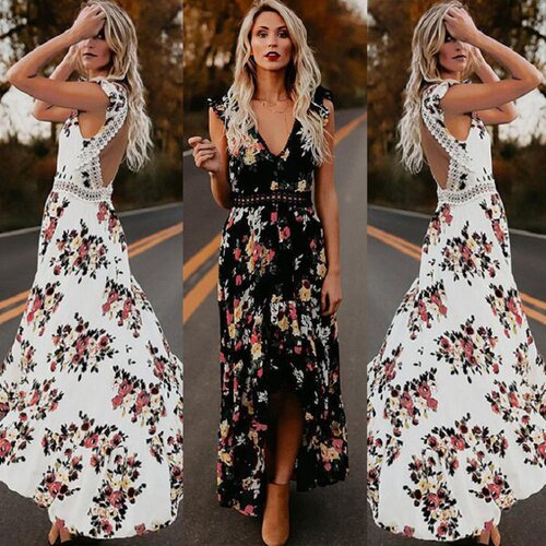 Women Boho Backless Irregular Floral Printed Dress  Summer