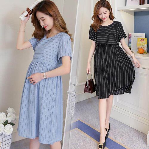 Mid length short sleeved lace up striped plus size
