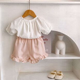 Fresh Lantern Plaid Ins Shor Top Baby Buckle Summer Sleeve