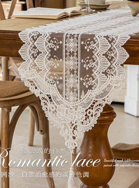 亚马逊餐桌布茶几长条布电视柜装饰盖巾白色家用镂空桌旗蕾丝