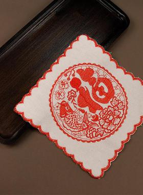 国风新年红色福字餐垫绣花杯垫喜庆茶垫茶巾功夫茶具配件刺绣布艺