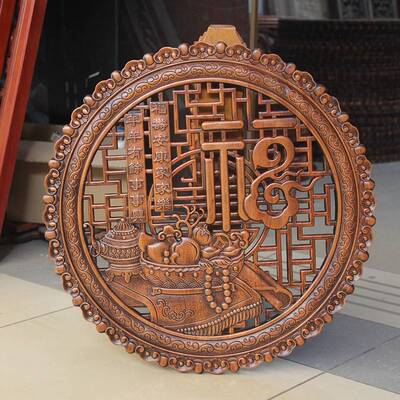 东阳木雕香樟木挂圆式厅件玄关装饰画背景墙实中木DAE135壁挂客家