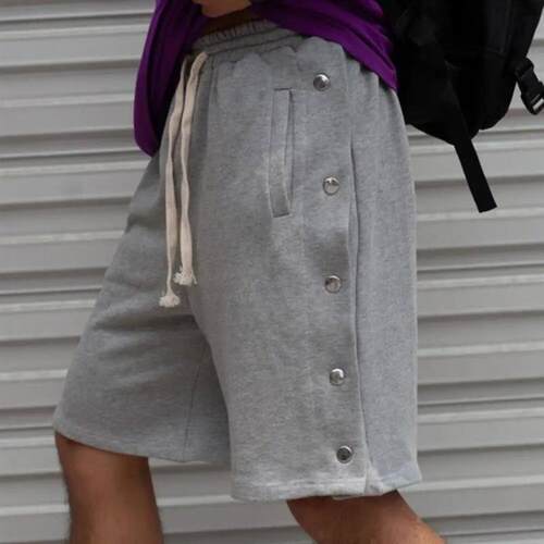 Fashion Men Shorts Drawstring Two Side Buttons Solid Color S