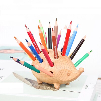Wooden Hedgehog 24 Hole Pen Inserted Stand Multi-Functional
