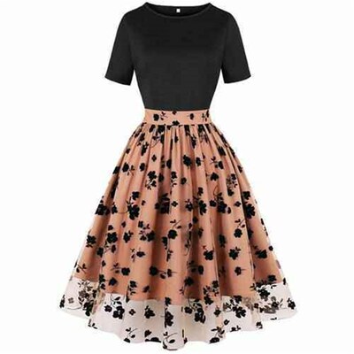 retro neck Womens mesh swing waist short-sleeved stitching