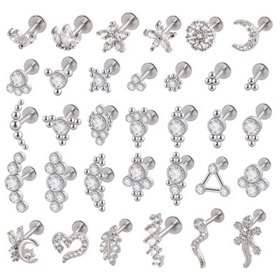 1PC G23 Titanium&Steel 16G CZ Gem Moon Labret Lip Bar Ring C