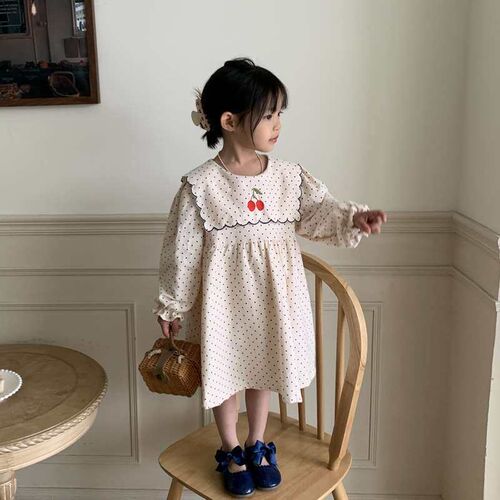 Cherry Embroidered Girls Dress Spring New Wave Dot Long Sle