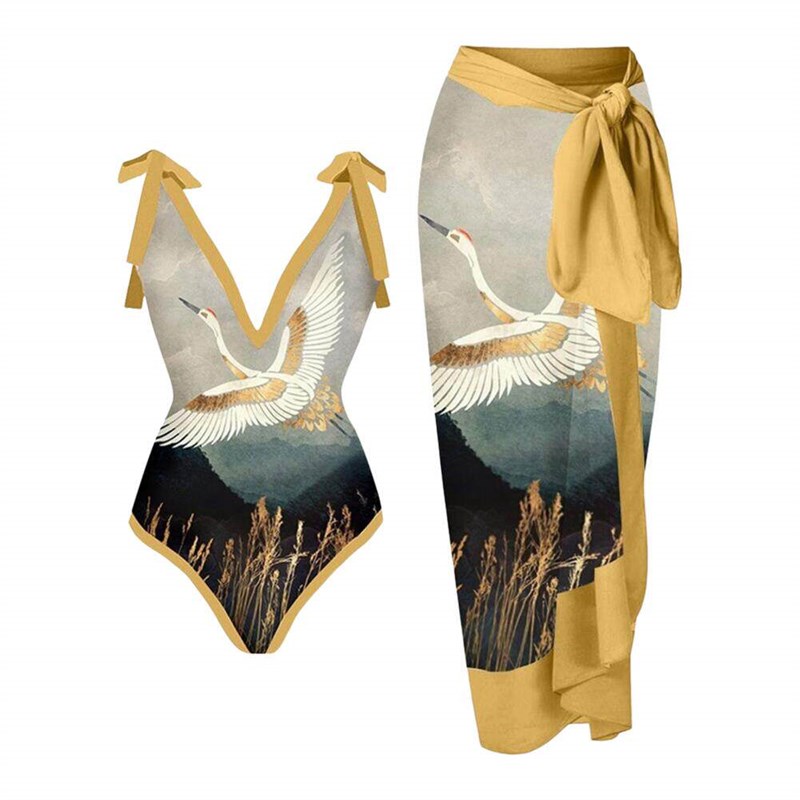 1 Set Women Monokini Printed Strap Backless Vintage Retro Po - 实物图
