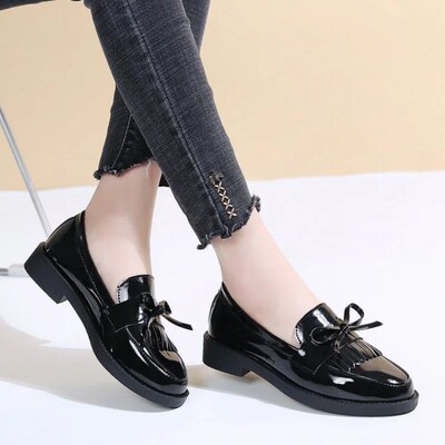 Leather Loafers Womens Black Patent Platform Slip on Shoes