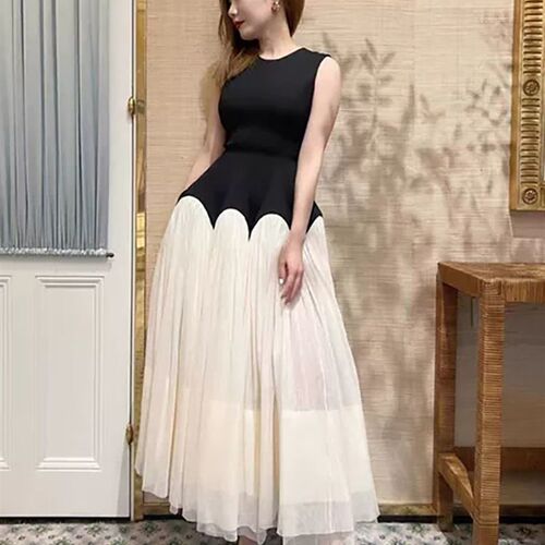 Elegant Mesh Patchwork Dress For Women Color Block Vintage