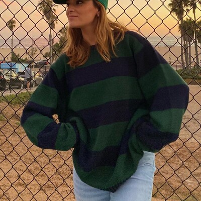 FUFUCAILLM Fashion Stripes Women Sweaters Crew Neck Long
