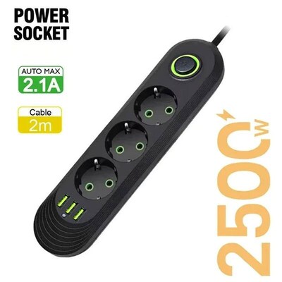 2500W EU Plug AC Outlet Multiprise Power Strip Extension Cor