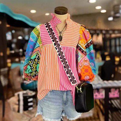 2024 Colored Stripe Print Folding Western Stars Retro Shirt