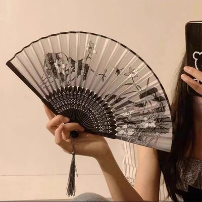 Retro Ink Orchid Silk Folding Fan New Chinese Style Ancient