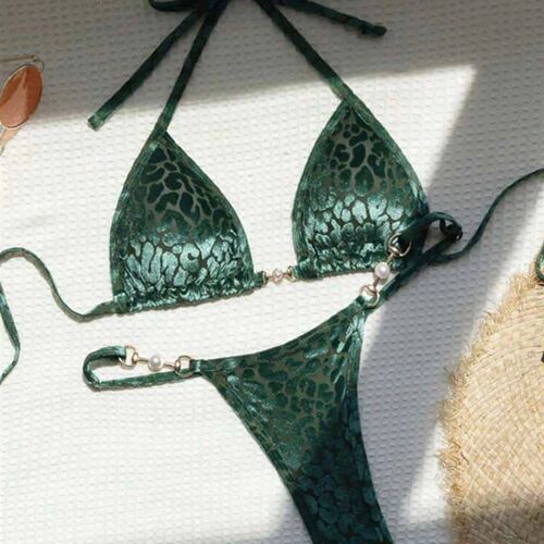 S - XL Leopard Pearl Mini Micro Thong Bikini Female Swimsuit
