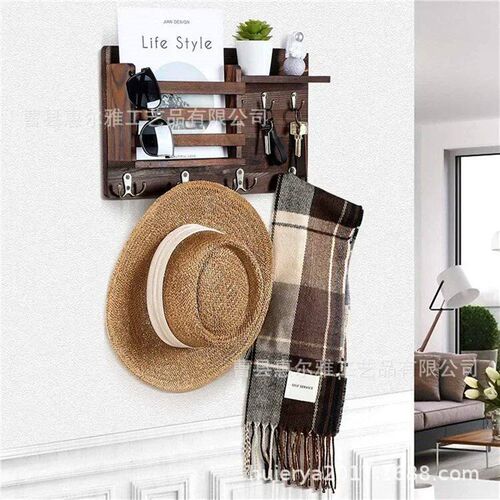Wooden Key Holder Box with 6 Hooks Wall Mounted Handmade wit