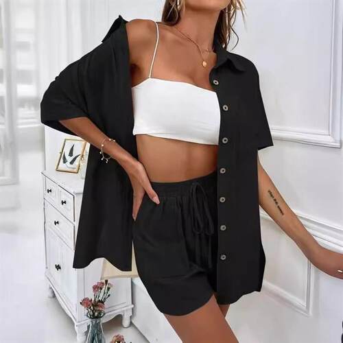 Stylish Shorts Two-piece Solid lor Shirt Suit Casual Loose S