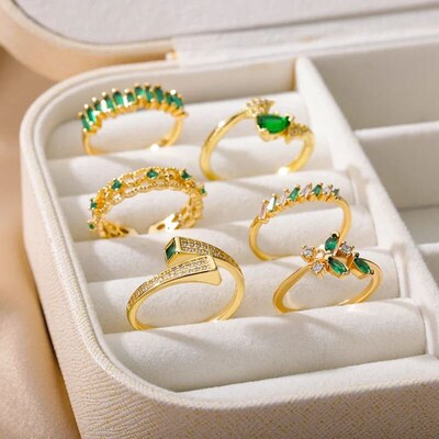 Zircon Green Geometric Ring For Women Stainless Steel Adjust