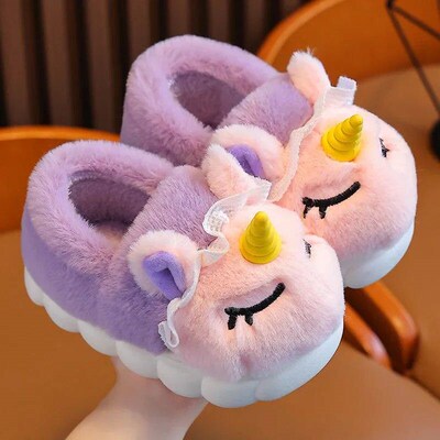 Winter Wrap Heels Kids Plush Slippers Cartoon Unicorn Childr