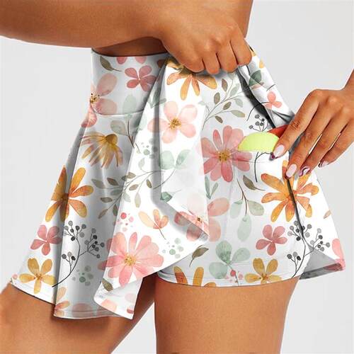 Ladies High Waisted Tennis Skirts Pleated Floral Printed