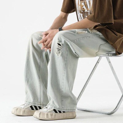 Mens Summer Ripped Jeans Loose Straight Leg Retro Men Draw