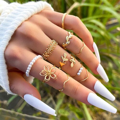5Pcs/10Pcs Imitation Pearl Leaf Flower Rings Set For Women R