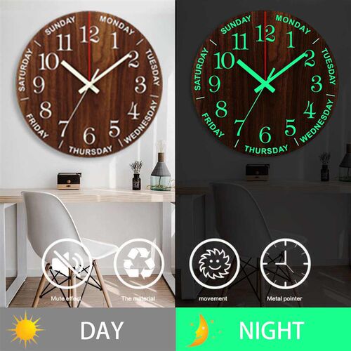 12 Inch Luminous Wall Clock Wood Silent light in dark night