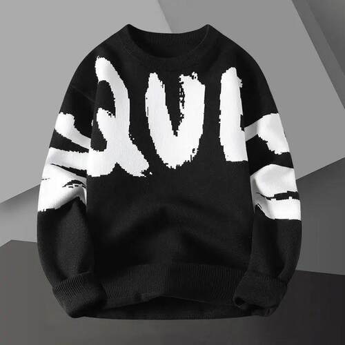 Letter Contrast Printing Sweater Pullover Crew Neck Men Swet