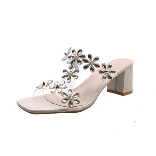 Women Sandals Mid Heel Fashion Chunky Diamond