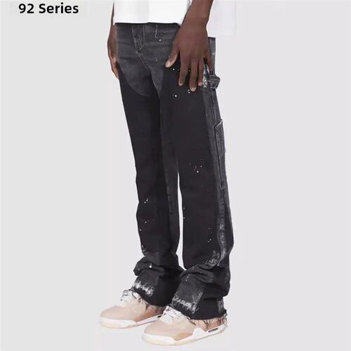 Mens denim work pants flared pants弹力贴布牛仔叠层喇叭裤