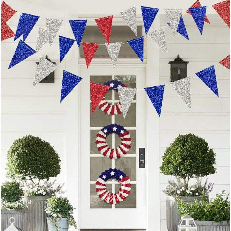 Red Blue Silver National Day Patriotic Triangle Flag Banner - 实物图