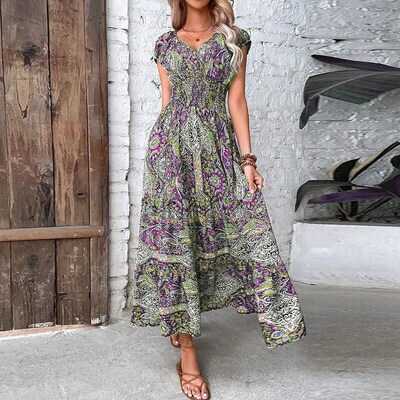 Women Vintage Print Maxi Dresses Summer Casual V Neck Short