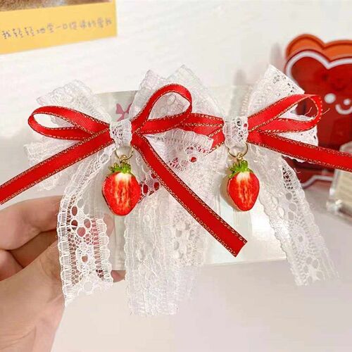 1 Pair of Red Cherry Bow Hairpin Female Childrens Cute Prin