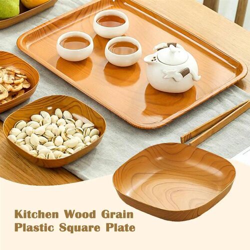Kitchen Wood Grain Plastic Square Plate Flower Pot Tray Cup