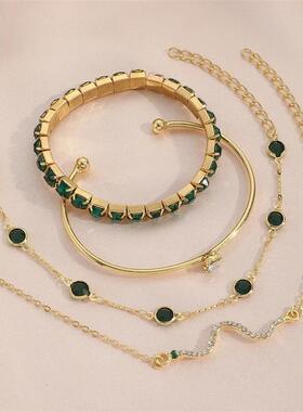 4Pcs/Set Fashion Snake Green Gemstone Bangle Rhinestone Full