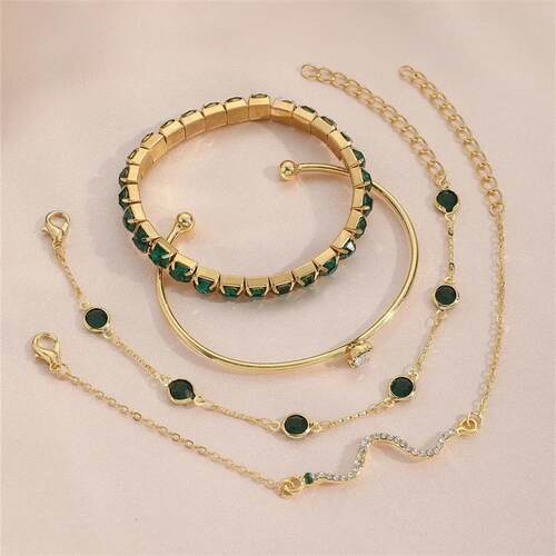 4Pcs/Set Fashion Snake Green Gemstone Bangle Rhinestone Full
