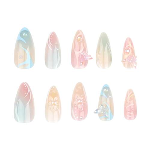 24pcs Summer Fake Nails Press on Almond Wearable 3D Butterfl