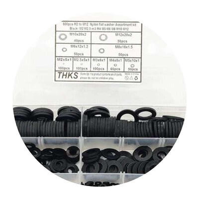 600Pcs Black Nylon Rubber Flat Washer Assortment Kit for M2