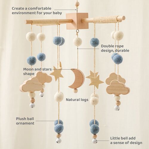 3pcs Baby Crib Mobile Rattle Toys With Music Box Wooden Bed