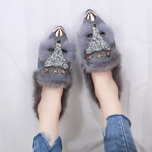 Crystal Fox Pattern Winter Flat Loafers Women Metal Pointed