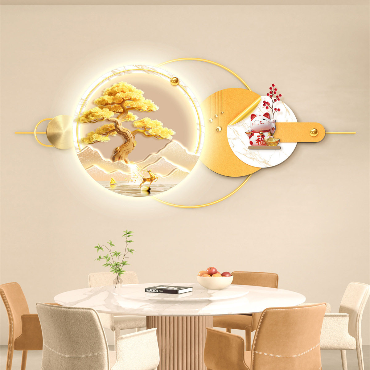 黄金树餐厅立体壁画装饰画氛围灯画高级感房间背景墙装饰画
