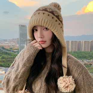 冬天保暖帽子女款秋大头围毛线针织帽费尔岛风加绒护耳帽可爱冷帽