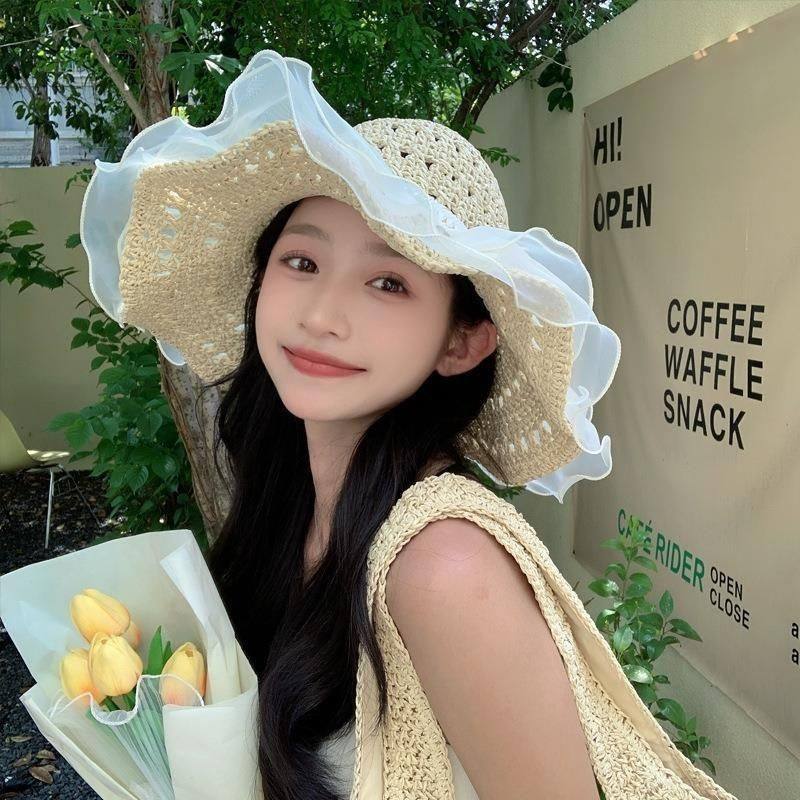夏季海边拍照帽子蕾丝珍珠款太阳帽沙滩帽防晒度假大帽檐遮阳草帽,服饰配件/皮带/帽子/围巾,防晒帽,淘宝优惠券,粉丝福利购,淘宝优惠卷