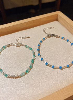 in潮网红同款蓝色小清新手链女小众简约百搭气质串珠手饰品