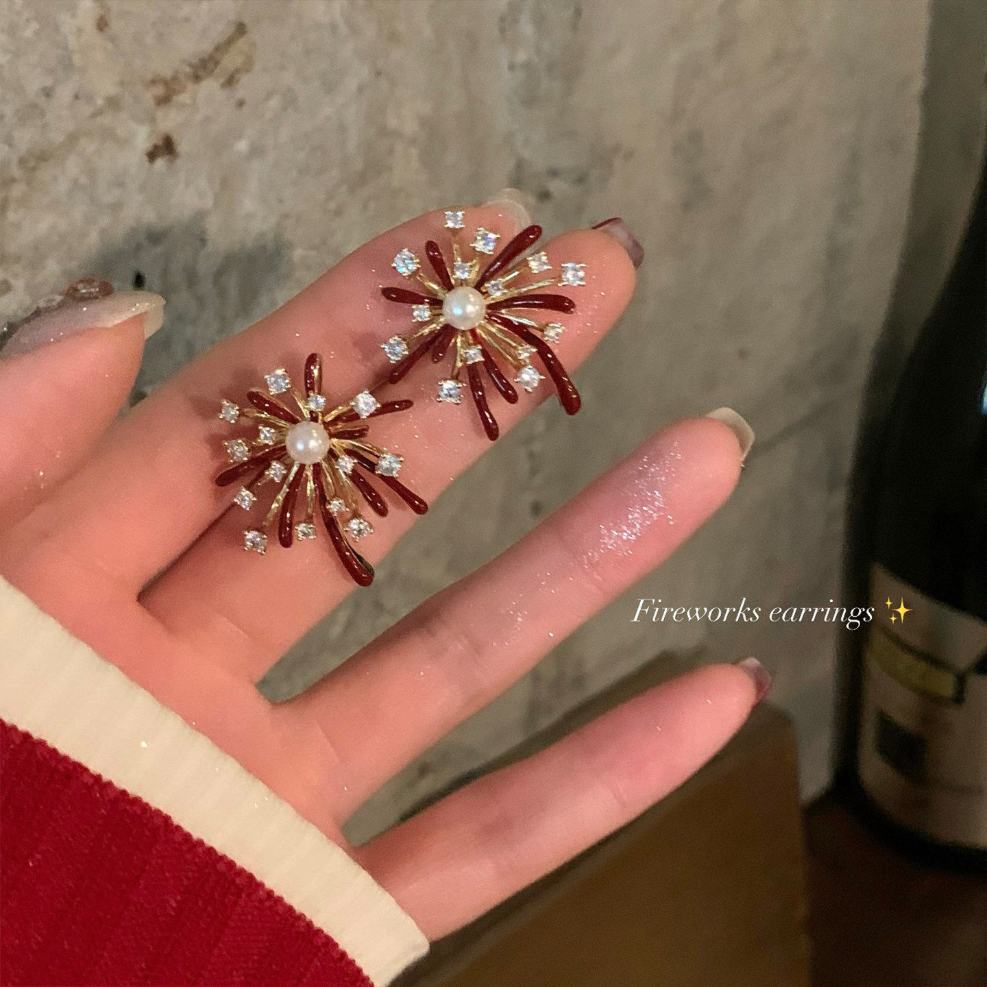 银针新年红色锆石烟花珍珠耳钉复古气质高级感耳环设计感小众耳饰,饰品/流行首饰/时尚饰品新,银饰耳饰,淘宝优惠券,粉丝福利购,淘宝优惠卷