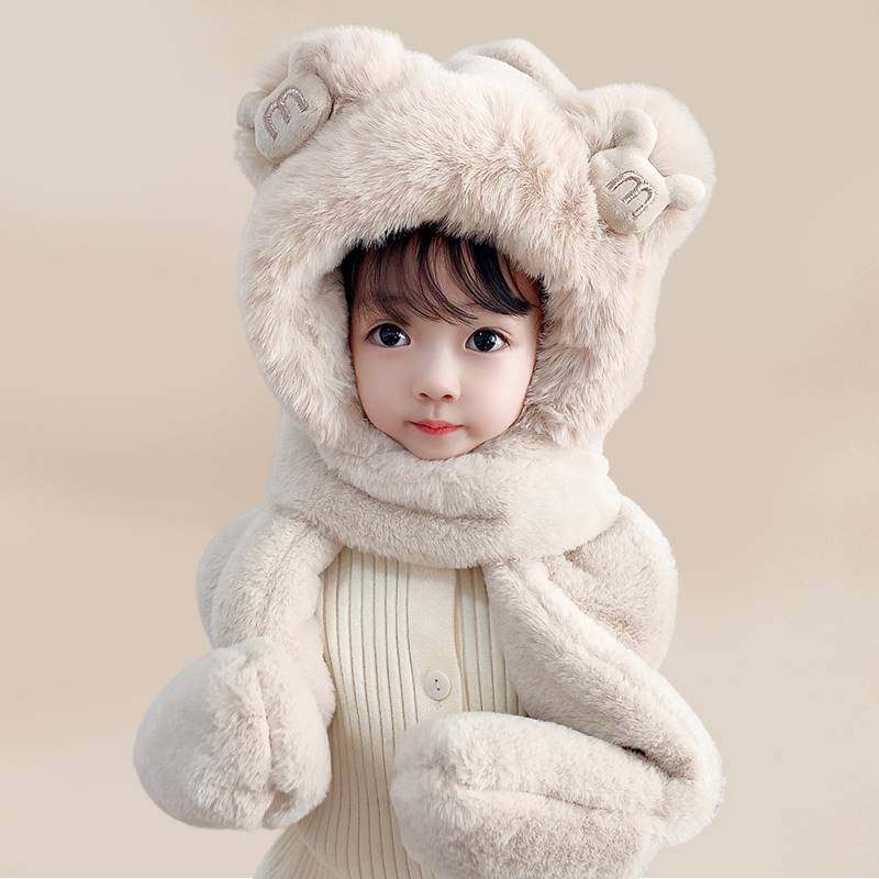 儿童帽子围巾手套三件套冬季加绒加厚女童一体帽男大童保暖防风帽,服饰配件/皮带/帽子/围巾,三件套,淘宝优惠券,粉丝福利购,淘宝优惠卷